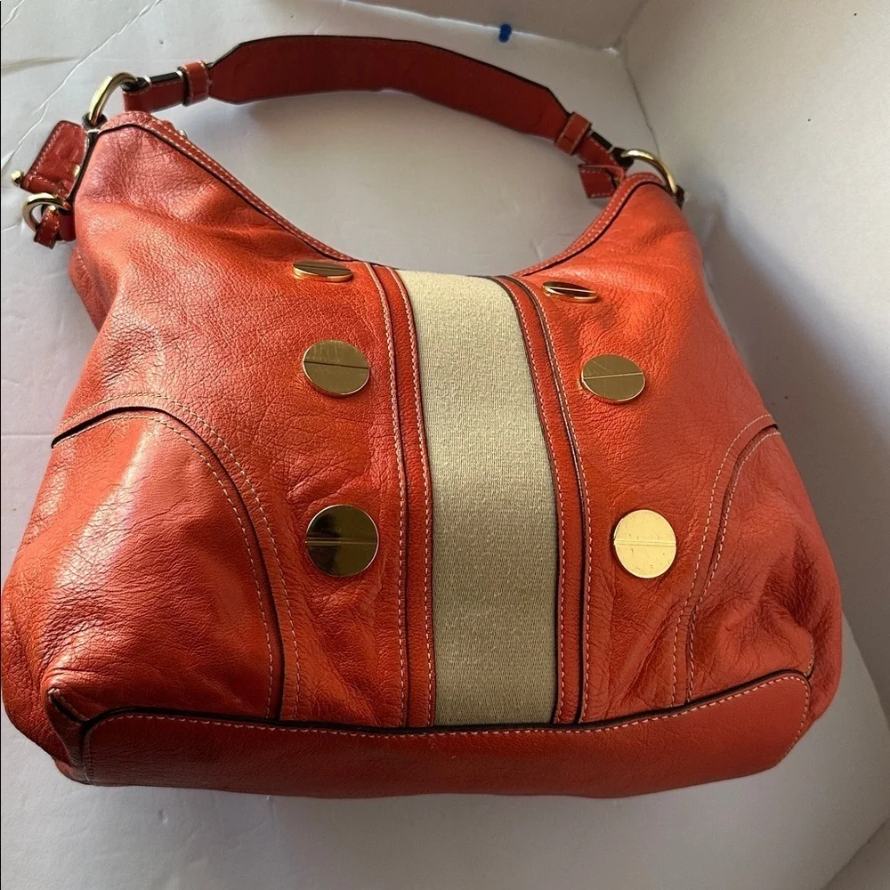 🔥 Milly Orange Coral Leather Carryall Hobo Shoulder Bag Gold Studs Suede Accent
